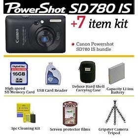Canon Powershot SD780IS 12.1 Megapixels Digital Camera Black With Ultimate Powershot Accessory Package Includes 16GB Memory, Hard Shell Case, Gripster Mini tripod, Extra NB4L Battery + More