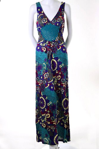 Lani Crochet Macrame Cross Over Bodice Tie Back Batik Maxi Long Jersey Dress