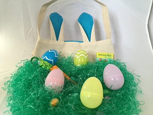 Easter Bunny Bag Cotton Complete Bundle with Grass, Box of Jelly Belly Spring Mix Jelly Beans, Lindt Milk Chocolate, Pastel and Chevron Eggs - Everything You Need All in One Convenient Neat Package!