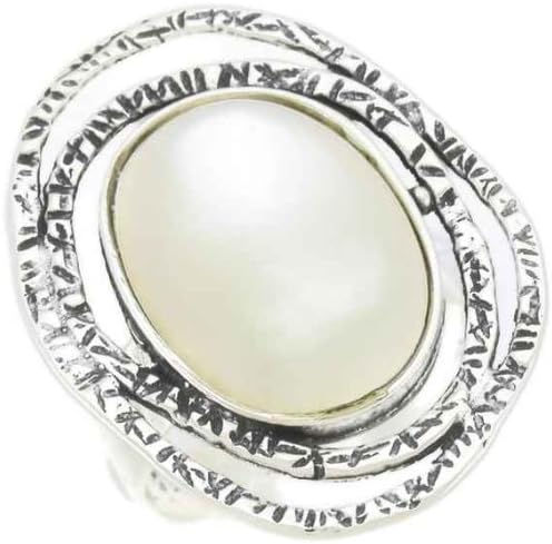 Silver Jewelry, 925 Sterling Silver Ring. Large Oval Open Spirals and Antiqued Hammered Design. Cultered Pearl, Cabochon 18x25mm Genuine Stone. Custom Hand Made &amp; Designed in Israel By Bili Silver. Shipped Directly From Tel Aviv in a Gift Box. Size 8