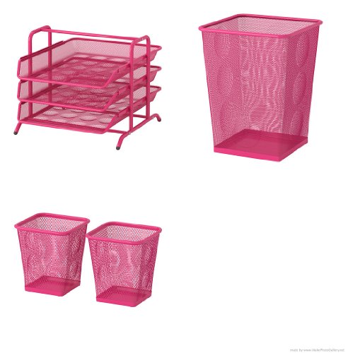 Ikea Dokument Pink Wastepaper Basket, Pink Letter Tray and Set of 2 Pink Pencil Holders