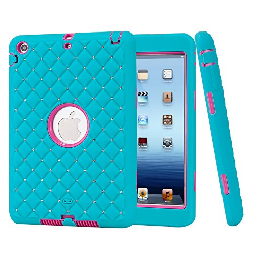 iPad Mini Cases, ROKE Studded Rhinestone Crystal Bling Hybrid Armor Case Cover for iPad mini 2/3 (B-Hot Pink-Blue)