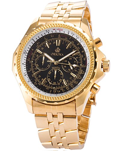 ORKINA Montre Homme Sportive Quartz Bracelet Acier Inoxydable Or 6 Aiguilles Noir-ORK097