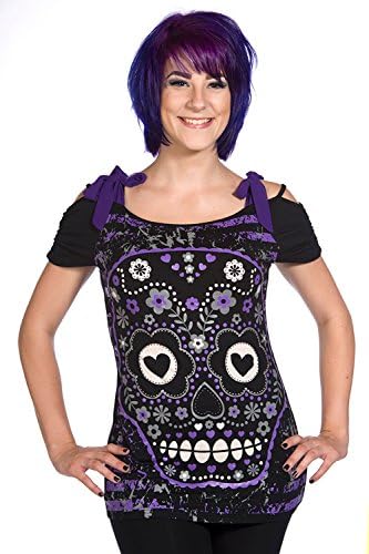 Banned Purple Candy Flower Sugar Skull Bow Tie Shoulder Straps Top (12)