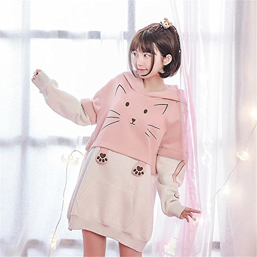 mamamiya 萌え ワンピース パーカー ブラウス 可愛い猫柄 森ガール系 学院風 厚手 長袖 カジュアル おしゃれ 秋冬 フリーサイズ