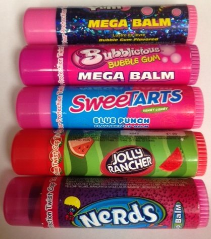 Lotta Luv 5 Pack Assorted Mega Lip Balms Bubblicious Bubble Gum Bubble Yum Cotton Candy Sweettarts Blue Punch Jolly Rancher Watermelon Nerds Grape & Strawberry Flavored