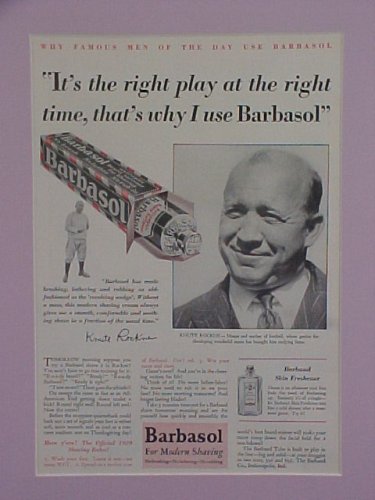 Knute Rockne Notre Dame Football Coach 1929 Barbasol Advertisement Bulletin Matted 11 X 14 Ready To Frame