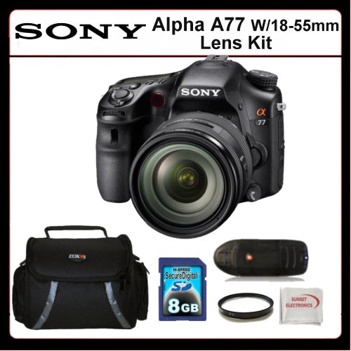 Sony Alpha A77 Kit w/18-55mm Lens Includes: Sony Alpha A77 Digital Camera with Sony 18-55mm Lens, 8GB SDHC Memory Card, Memory Card Reader, UV Filter, SSE Microfiber Cleaning Cloth and Soft Carrying Case