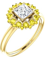 14K Yellow Gold Princess Cut Diamond and Yellow Sapphire Flower Inspired Ring -- LIFETIME WARRANTY
