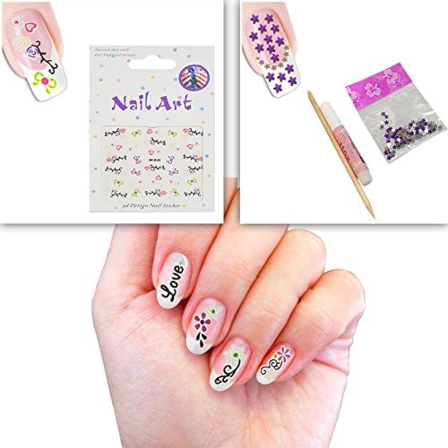 3D Nail Art Decorative Decals Rhinestone At Very Great Price Set Of 10 Self Adhesive Stickers For Toe & Fingernails With The Bonus Pack Of Super Shinny Design Rhinestone + Yellow Stick, 2Gm Glue Stick
