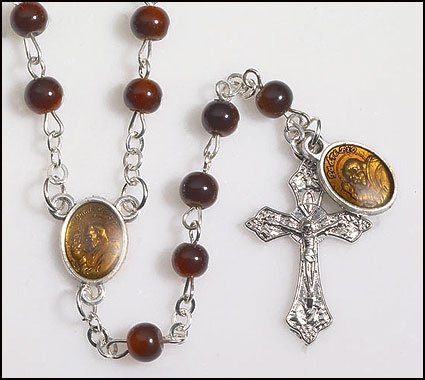 Blessed By Pope Benedit XVI Brown Glass Beads Rosary Padre St Pio with Dangle Medal Rosary