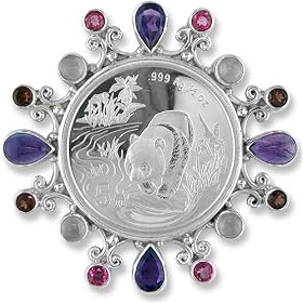 Sterling Silver Multi-Gemstone Panda Coin Pin Pendant by Sajen by Sajen Sterling Silver