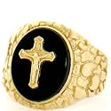 10K Gold Nugget Onyx Crucifix Cross Jesus Mens Ring