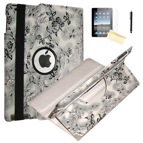USAHITEC JYtrend(TM) 360 Degrees Rotating Stand Leather Smart Cover Case for the New iPad 4 / iPad 3 /iPad 2, With Protector, Cleaning Cloth and Stylus (Flower Black White)