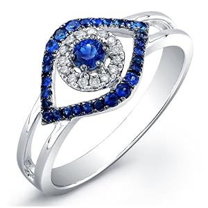 14k White Gold Split Shank Diamond and Sapphire Evil Eye Ring (0.06cttw, IJ, I1-I2)