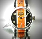 Harley-Davidson® Men's Bulova Watch. Black, Orange, Cream Nylong Pattern Dial with Matching Band. 76B144