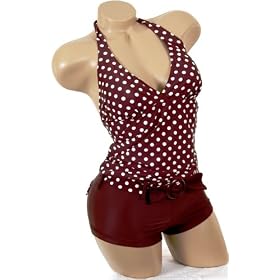 Womens Junior Size Swimwear Cute Brown White Halter Polka Dot Tankini Boy Shorts