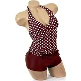 Womens Junior Size Swimwear Cute Brown White Halter Polka Dot Tankini Boy Shorts