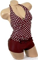 Cute Brown White Polka Dot Halter Tankini Boy Shorts S Small