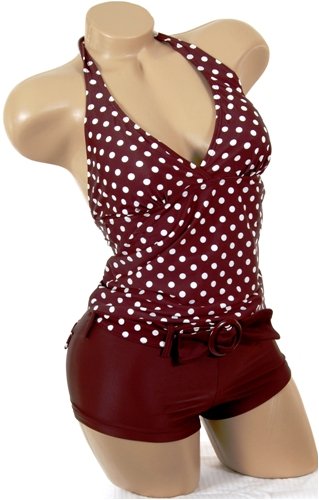 Womens Junior Size Swimwear Cute Brown White Halter Polka Dot Tankini Boy Shorts