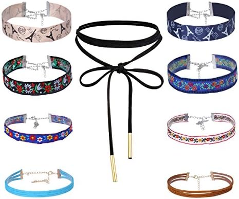 FLOWERALIGHT Set of 9 Velvet Choker Necklace Set for Women Girls Lace Choker Tassel Classic Gothic Tattoo Chain Necklace (9Pcs set of different colors)