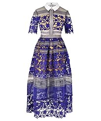 Short Sleeves Full-Skirt Floral Print Cotton/Polyester Mesh Sheer Lace Keyhole  Shirt Midi Dress 
