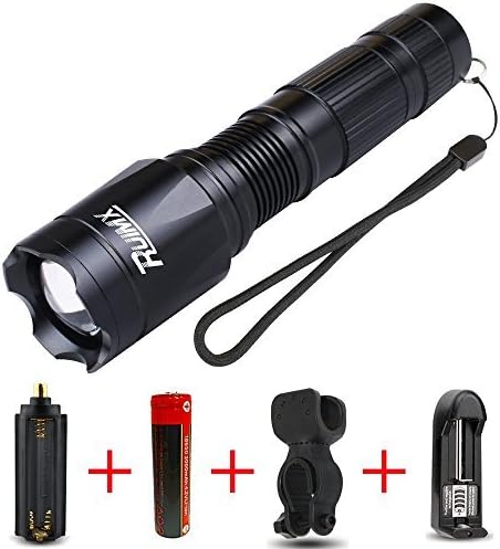 RUIMX Tactical IPX6 Waterproof T6 LED Flashlight with 5 Modes, Zoomable Focus and Bike Mount (2000LM, 118650 Battery Included) by RUIMX