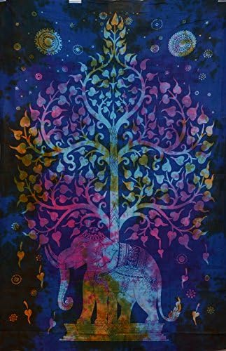Multi Tree of Life Tapestry, Indian Elephant Tapestry, Blue Tree- Elephant Tapestry, Indian Tapestry, Twin Age Dorm Bedding, Picnic Blanket