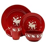 Waechtersbach Holiday Emma 4-Piece Dinnerware Place Setting, Service for One, Cherry with White Moose