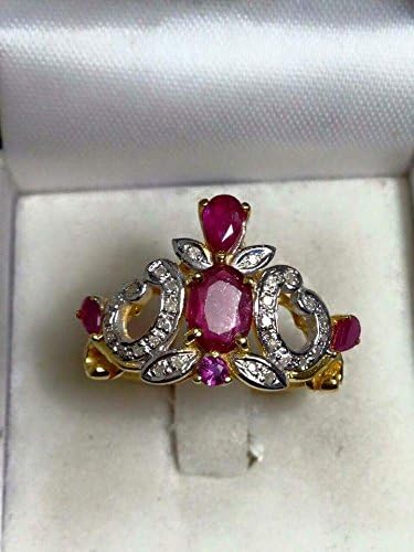 VINTAGE 9K SOLID GOLD GENUINE RUBY &amp; DIAMOND CROWN RING 4g. SIZE 55