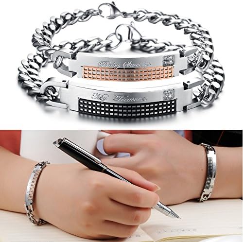 KAMOUR Jewelry 2pcs Stainless Steel Mens Womens Couples Love Bracelet Set Baby Sweety & My Treasure, Valentines Day Gift, Black Gold Silver(with Gift Bag)