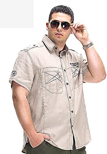 2015 Men's 100% Linen Fashion Casual Short Sleeve Print Shirts Khaki 6XL