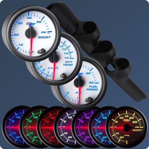 GlowShift 98-02 Dodge Ram w/ A-Pillar Speaker Diesel Gauge Package White Face Boost, EGT & Fuel Pressure