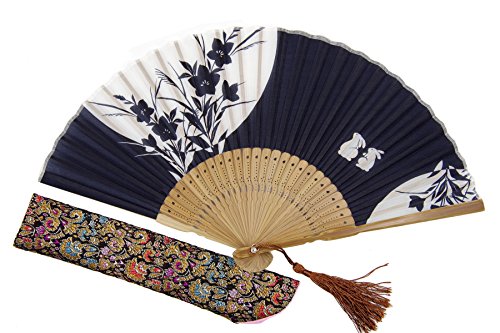 Japanese Handheld Folding Fan, with White Bunnies HF158