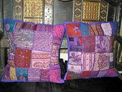 2 Violet Blue Patchwork Embroidered Sari Toss Pillow Cushion Covers Country Decor