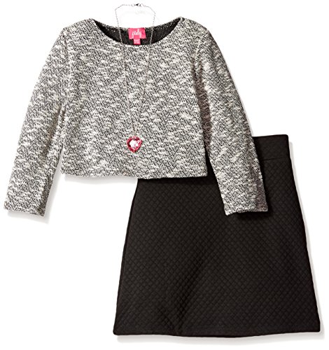 Pinky Girls Longsleeve Slub Knit Top and Necklace with Quilted Skirt Set