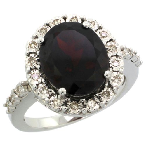 Sterling Silver Halo Engagement Ring w/ 0.17 Carat Brilliant Cut Diamonds & 4.90 Carats Oval Cut (12x10mm) Garnet Stone, 21/32 in. (17mm) wide