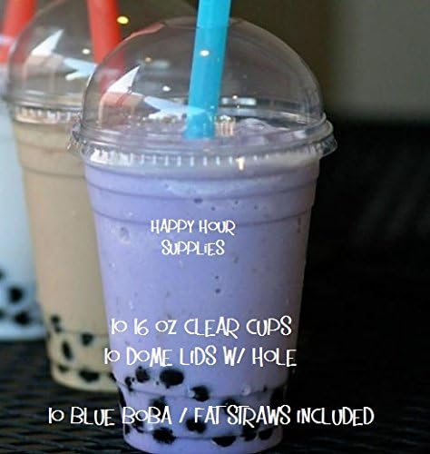 Pack of 10 CLEAR Plastic 16 oz Cups and Dome Lids w/Blue Bubble Tea / Fat Straws