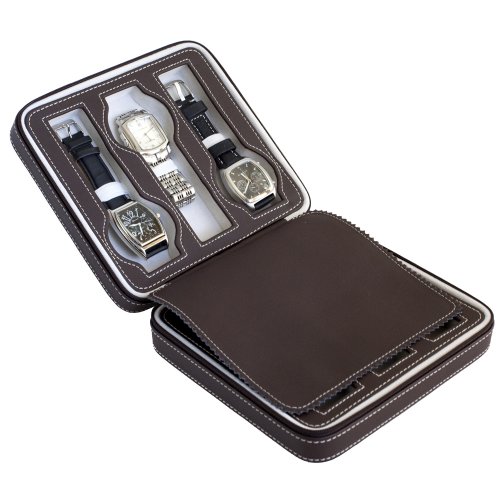 Brown Soft Touch High Quality Leatherette Compact Travel Watch Case With Suede Interior With 6 Watch Compartments