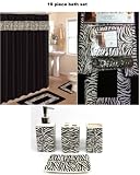 19 Piece Bath Accessory Set Black Zebra Animal Print Bath Rug Set + Black Zebra Shower Curtain & Accessories