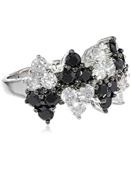 Platinum Plated Sterling Silver Alternating Black and White Simulated Diamond Triangular Ring, Size 7