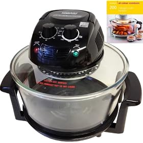 Designer Habitat 12 Litre Premium 1400w Halogen Oven Cooker in Black complete with Extender Ring (to 17 Litre), Lid Holder, Steamer, Frying Pan, Skewers, Low Rack, High Rack, Glove plus FREE starter guide with Recipes
