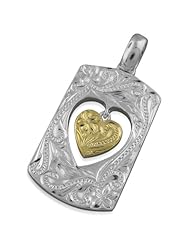 925 Silver Two Tone Dog Tag Pendant w/ Dangling Heart Hawaiian Silver Jewelry