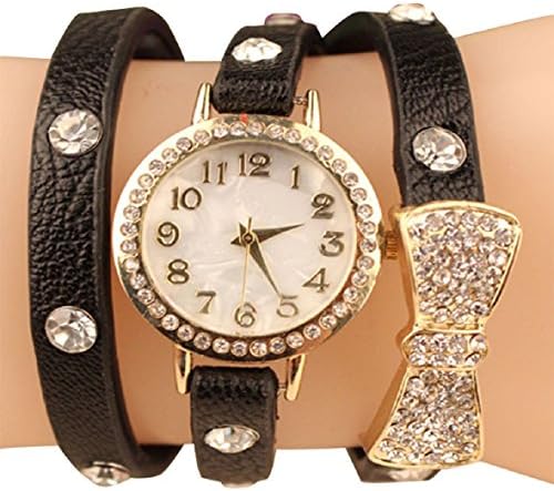 Tonsee(TM) Fashion Women Bowknot Crystal Quartz Watch Imitation Leather Watch (Black)