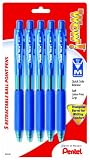 Pentel WOW! Retractable Ballpoint Pen, Medium Line, Blue Ink, 5 Pack (BK440BP5C)