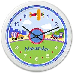 Olive Kids - Trains, Planes and Trucks Personalized Clock (White)