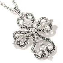 Sterling Silver Cultured Pearl & Marcasite Pin / Pendant w/ Chain