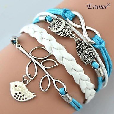 Eruner?Multilayer Alloy Owl Leaves and Infinite Charms Handmade Leather Bracelets