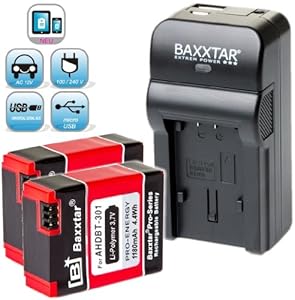 Baxxtar ® RAZER 600 Ladegerät 5 in 1 + 2x Baxxtar Akku für GoPro AHDBT-301 AHDBT-302 (1180mAh!) -- NEUHEIT mit Micro-USB Eingang und USB-Ausgang, zum gleichzeitigen Laden eines Drittgerätes (GoPro, GoPro Fernbedienung, iPhone, Tablet, Smartphone..usw.) -- passend zu -- GoPro Hero3 Hero 3 GoPro Hero3+ Black, White & Silver Edition