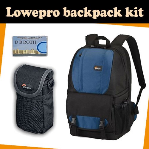 LowePro Backpack kit which includes the Lowepro Fastpack 250 (Blue) + Sliplock pouch 10 + DB ROTH Micro Fiber Cloth.